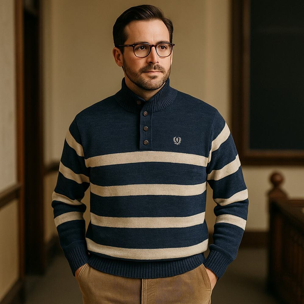 Chaps Henley Sweater Men’s XL Blue Cream Striped Pullover Mock Neck Casual